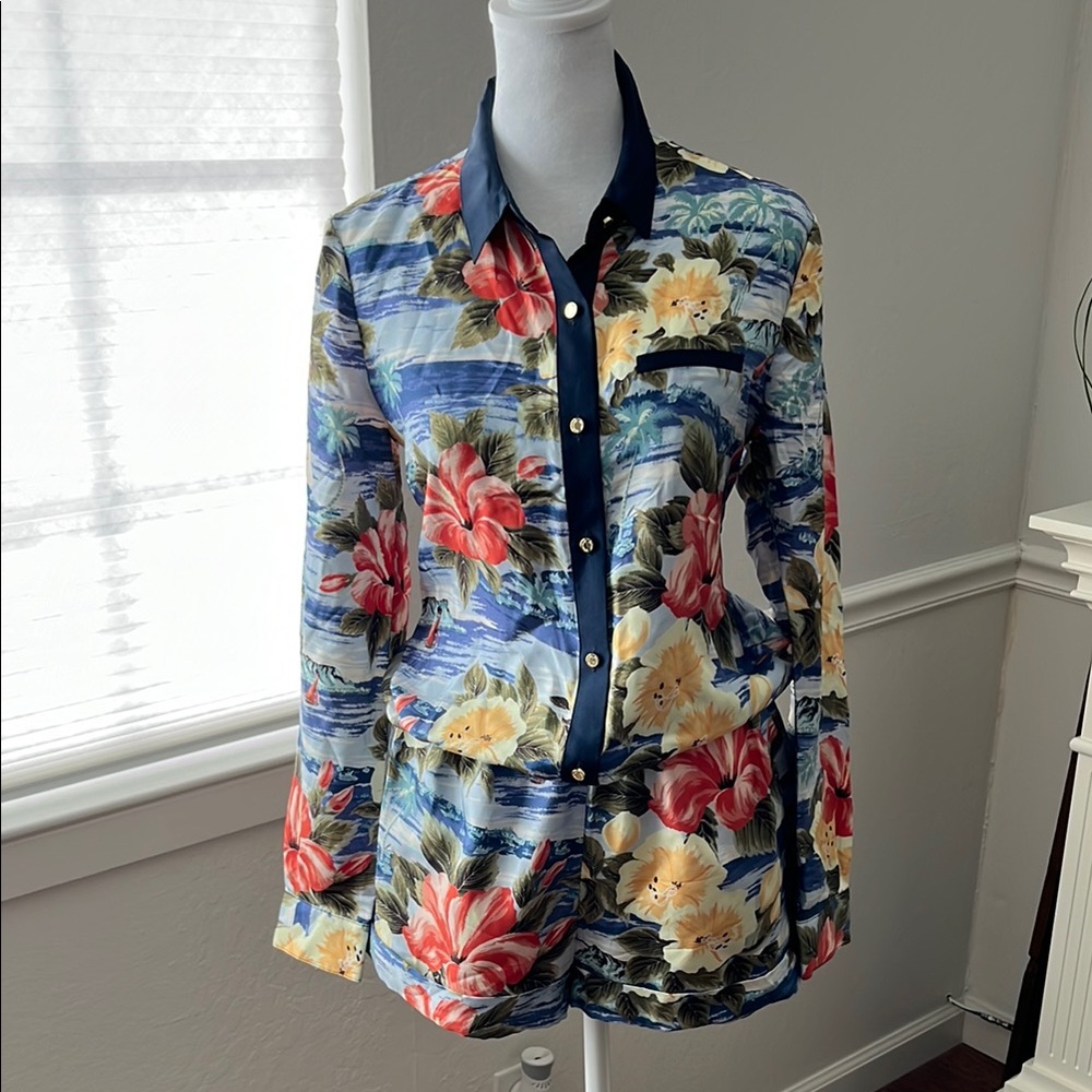 Juicy Couture Floral Button-Front Jumpsuit in Blue, Red, YellowJuicy Couture